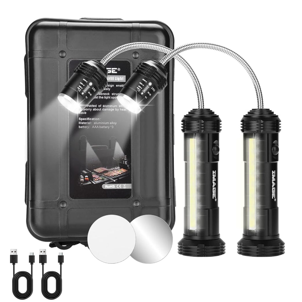 IMAGE Rechargeable Grill Lights Magnetic BBQ Grill Light with Ultra-Bright LED Lights and 3W Side Light, 360 Degrees Flexible Gooseneck Adjustable BBQ Grill Lights for Any Gas Charcoal Electric Grill 2 Packs
