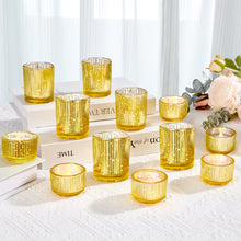 Load image into Gallery viewer, IMAGE Elegant Votive Gold Glass Tea Light Holders Set of 12, Includes 6 Tall and 6 Short Square Candle Holders for Weddings, Diwali, Home Decor, and Special Events
