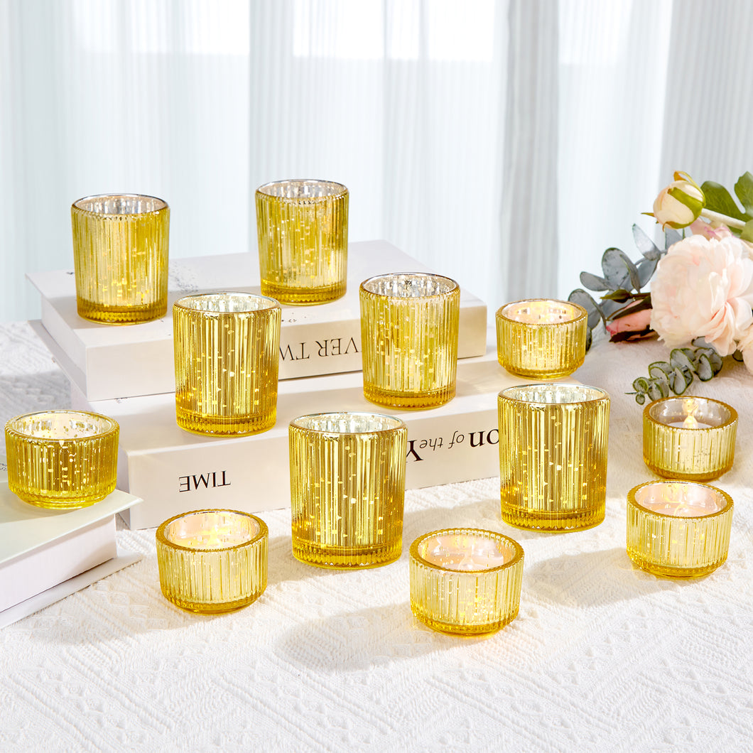 IMAGE Elegant Votive Gold Glass Tea Light Holders Set of 12, Includes 6 Tall and 6 Short Square Candle Holders for Weddings, Diwali, Home Decor, and Special Events