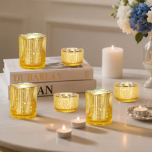 Load image into Gallery viewer, IMAGE Elegant Votive Gold Glass Tea Light Holders Set of 12, Includes 6 Tall and 6 Short Square Candle Holders for Weddings, Diwali, Home Decor, and Special Events
