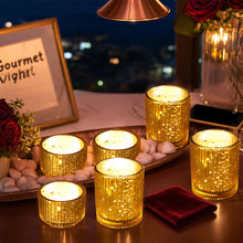 Load image into Gallery viewer, IMAGE Elegant Votive Gold Glass Tea Light Holders Set of 12, Includes 6 Tall and 6 Short Square Candle Holders for Weddings, Diwali, Home Decor, and Special Events
