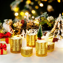 Load image into Gallery viewer, IMAGE Elegant Votive Gold Glass Tea Light Holders Set of 12, Includes 6 Tall and 6 Short Square Candle Holders for Weddings, Diwali, Home Decor, and Special Events
