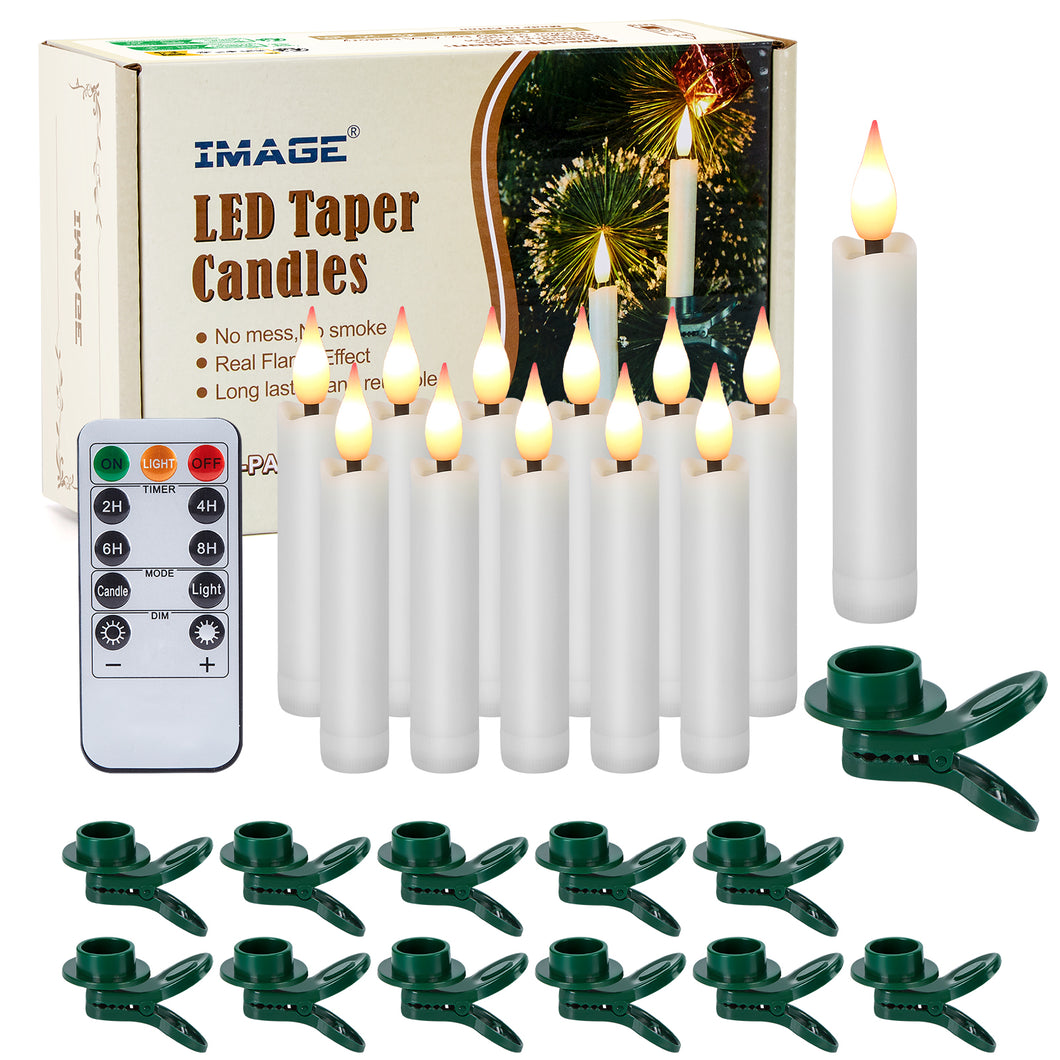 12 Pack LED Taper Candles Light Set Flameless 3D Wick Ivory Candles with Clip-on Christmas Tree Design, 10-Key Remote with Timer, Warm White