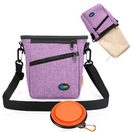 Ownpets Dog Training Pouch Pet Treat Training Pouch with Collapsible Bowl, Shoulder Strap & Waist Strap, Walking Fanny Pack for Dog Training Purple
