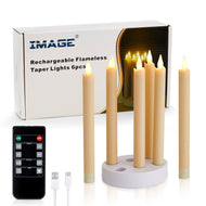 IMAGE 6PCS Rechargeable Flameless Taper Candles with Charging Station,  LED Flickering Candlesticks with Remote & Timer, 9.6 Inch Perfect for Home/Wedding/Christmas Decor