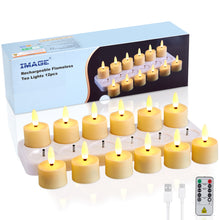 Load image into Gallery viewer, IMAGE 12Pcs Flameless Candles with Remote Control Timer &amp; Charging Base, Rechargeable Battery LED Tea Lights Candles Small Votive for Mantle Weddings Christmas Decorative Fall Table Centerpieces, 1.53" x 2.17"
