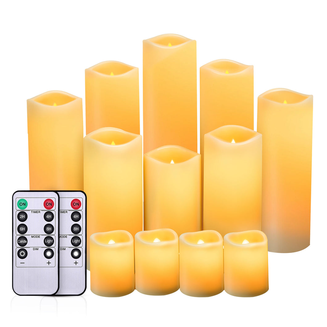IMAGE Flameless Flickering Candles, Waterproof Battery Operated LED Pillar Candles with Votive Candles, Ivory Plastic Candles with Remote Timer for Christmas Wedding Home Decor, Set of 12