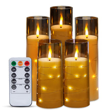 Load image into Gallery viewer, IMAGE Flickering Flameless Candles Battery Operated, Acrylic Shell Pillar 3D Wick LED Candles with 11-Key Remote Control Timer for Wedding Christmas Home Decor Set of 5
