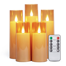 Load image into Gallery viewer, Flickering Flameless Candles Battery Operated, Acrylic Shell Pillar 3D Wick LED Candles with 10-Key Remote Control Timer for Wedding Christmas Home Decor Set of 5 (D2.3 in X H5 5 7 7 8 in), Gold
