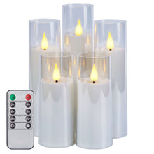 Load image into Gallery viewer, IMAGE Flickering Flameless Candles Acrylic Shell Pillar 3D Wick LED Candles with Timer for Wedding Christmas Home Decor Set of 5 White
