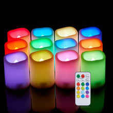 Load image into Gallery viewer, Flameless Votive Candles, IMAGE RGB &amp; White Light LED Candles, Battery Operated, 270 Hours Long Lasting Flickering Tea Lights, Remote Timer for Christmas Halloween Decor, 1.5 x 2 Inch, 12 Pack
