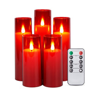 IMAGE Flickering Flameless Candles Battery Operated, Acrylic Shell Pillar 3D Wick LED Candles with 10-Key Remote Control Timer for Wedding Christmas Home Decor Set of 5, Red