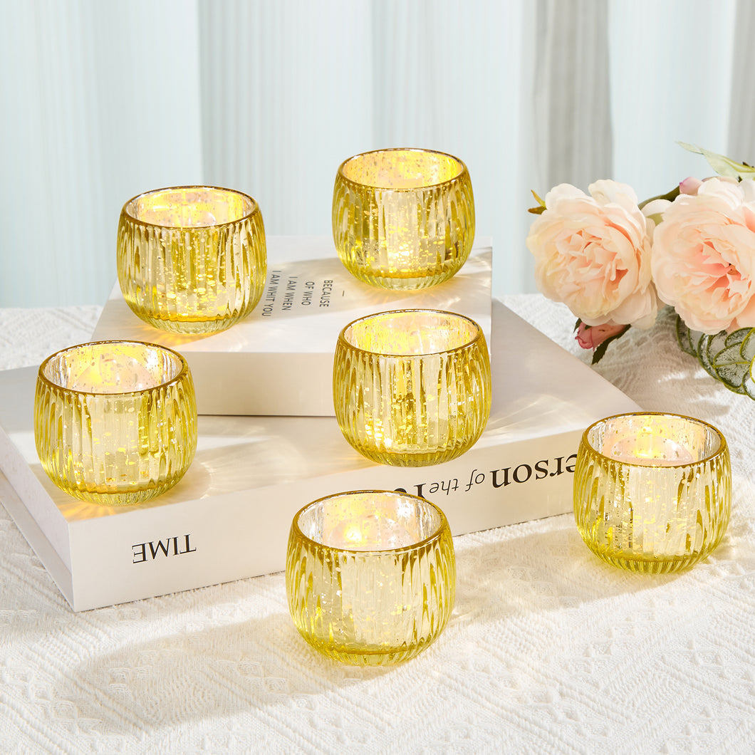 IMAGE Elegant Votive Gold Glass Tea Light Holders Set of 6, for Weddings, Diwali, Home Decor, and Special Events