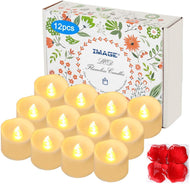 IMAGE 12Pcs Warm White Battery Tea Lights with Timer Flickering Candles with Decorative Fake Rose Petals