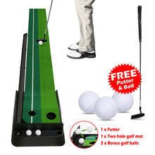 Load image into Gallery viewer, Indoor Golf Practice Mat Putting Green 8 Ft 250cm Mat Inclined Ball Return Fake Grass with 2 Holes + Putter + 3 Balls
