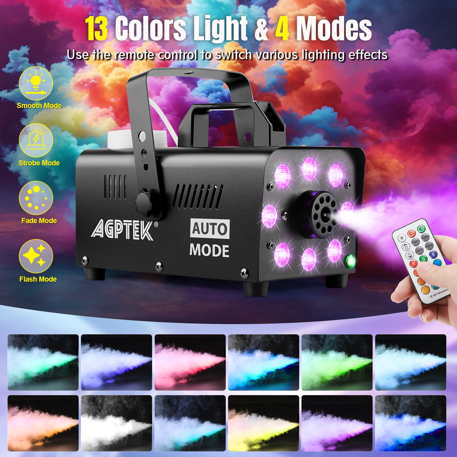 Smoke Machine, Fog Machine with 13 Colorful LED Lights Effect, 500W an ...