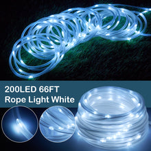 Load image into Gallery viewer, Solar Rope Lights 23m/75.5FT 200LED，8 model 2400mah high capacity battery lights for indoor/outdoor decorations Christmas Lighting for outdoor Garden, Patio, Party, Waterproof white
