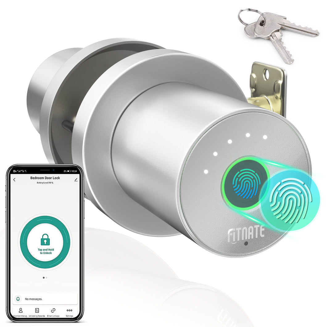 Smart Biometric Door Lock Fingerprint Door knob with App Control for Bedroom,Home,Hotel,Office, Silver