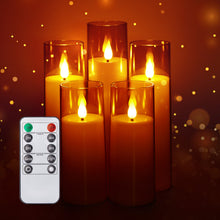 Load image into Gallery viewer, Flickering Flameless Candles Battery Operated, Acrylic Shell Pillar 3D Wick LED Candles with 10-Key Remote Control Timer for Wedding Christmas Home Decor Set of 5 (D2.3 in X H5 5 7 7 8 in), Gold
