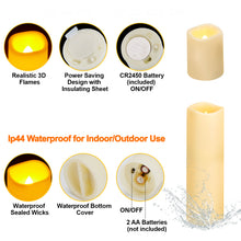Load image into Gallery viewer, IMAGE Flameless Flickering Candles, Waterproof Battery Operated LED Pillar Candles with Votive Candles, Ivory Plastic Candles with Remote Timer for Christmas Wedding Home Decor, Set of 12
