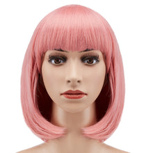 Load image into Gallery viewer, AGPtEK 13&quot; Heat Resistant Straight Short Bob Hair Wigs with Flat Bangs for Women Cosplay Daily Party, Pink
