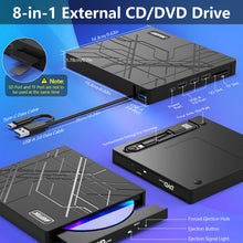 Load image into Gallery viewer, AGPtEK 8 in 1 External CD/DVD Drive for Laptop, USB 3.0 Ultra Slim Portable CD Burner with 4 USB Ports and 2 TF/SD Card Slots, External DVD Drive Compatible with Mac, PC, Windows 11/10/8/7, Linux
