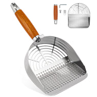 Ownpets Silver Stainless Steel Cat Litter Scoop with Stand and Durable Wood Handle