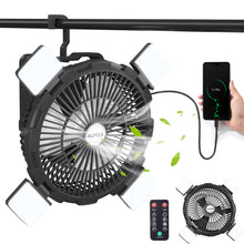 Load image into Gallery viewer, Rechargeable Outdoor Camping Fan 8000mAh Battery Powered Tent Fan with LED Light &amp; Hook, Portable for Picnics, BBQ, Fishing, Travel, Construction
