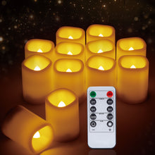 Load image into Gallery viewer, IMAGE Flameless Votive Candles 12 Pack 1.5 x 2 Inch Flickering 3D Wicks Battery Operated Candles, 250+ Hours Long Lasting LED Tea Lights with Remote Timer for Christmas Wedding Home Decor, Warm Yellow
