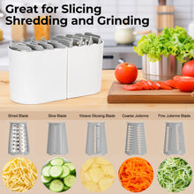 Load image into Gallery viewer, Multifunctional Cheese Grater 5-in-1 Stainless Steel Blade Set for Slicing, Shredding, and Grinding with an Enlarged Feeding Port, White
