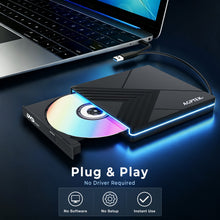 Load image into Gallery viewer, External CD DVD Drive with RGB Light, USB 3.0 Type-C Portable CD DVD Burner Reader Writer, External Optical Disc Drive for Laptop Desktop PC MacBook Windows Mac OS, USB-A &amp; USB-C Cable Included
