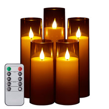 Load image into Gallery viewer, IMAGE  Flickering Flameless Candles Acrylic Shell Pillar 3D Wick LED Candles with Timer for Wedding Christmas Home Decor Set of 5 Grey
