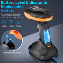 Load image into Gallery viewer, AGPTEK Bluetooth &amp; 2.4GHz Wireless Barcode Scanner with Battery Indicator, Replaceable Battery, 2D/1D QR Code Reader, Wireless Charging Cradle, Ideal for Retail &amp; Warehouse Use
