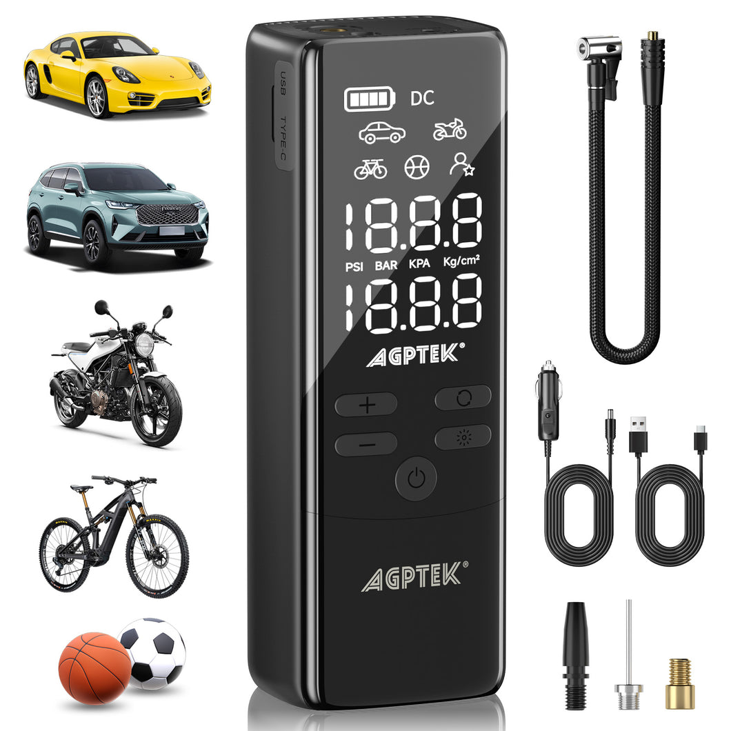 AGPtEK Tire Inflator Portable Air Compressor-150PSI & 7500mAh& 12V DC Tire Pressure Gauge Electric Air Pump,LCD Display with LED Light for Cars, Bikes & Motorcycle Tires, Balls