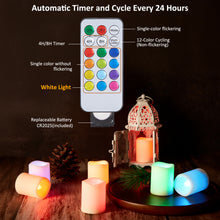 Load image into Gallery viewer, Flameless Votive Candles, IMAGE RGB &amp; White Light LED Candles, Battery Operated, 270 Hours Long Lasting Flickering Tea Lights, Remote Timer for Christmas Halloween Decor, 1.5 x 2 Inch, 12 Pack
