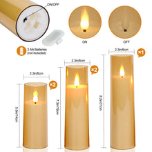 Load image into Gallery viewer, Flickering Flameless Candles Battery Operated, Acrylic Shell Pillar 3D Wick LED Candles with 10-Key Remote Control Timer for Wedding Christmas Home Decor Set of 5 (D2.3 in X H5 5 7 7 8 in), Gold
