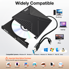 Load image into Gallery viewer, AGPTEK External USB 3.0 CD DVD Drive External CD DVD +/-RW Drive for Laptop Mac PC with 2-in-1 USB-A USB-C Cable, Plug and Play, Supports CD/DVD Read Write, Compact Portable Design
