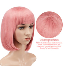 Load image into Gallery viewer, AGPtEK 13&quot; Heat Resistant Straight Short Bob Hair Wigs with Flat Bangs for Women Cosplay Daily Party, Pink
