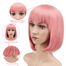 Load image into Gallery viewer, AGPtEK 13&quot; Heat Resistant Straight Short Bob Hair Wigs with Flat Bangs for Women Cosplay Daily Party, Pink
