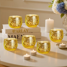 Load image into Gallery viewer, IMAGE Elegant Votive Gold Glass Tea Light Holders Set of 6, for Weddings, Diwali, Home Decor, and Special Events
