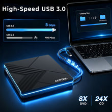 Load image into Gallery viewer, External CD DVD Drive with RGB Light, USB 3.0 Type-C Portable CD DVD Burner Reader Writer, External Optical Disc Drive for Laptop Desktop PC MacBook Windows Mac OS, USB-A &amp; USB-C Cable Included
