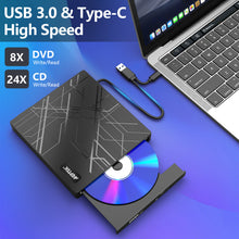 Load image into Gallery viewer, AGPtEK 8 in 1 External CD/DVD Drive for Laptop, USB 3.0 Ultra Slim Portable CD Burner with 4 USB Ports and 2 TF/SD Card Slots, External DVD Drive Compatible with Mac, PC, Windows 11/10/8/7, Linux
