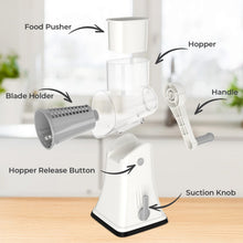 Load image into Gallery viewer, Multifunctional Cheese Grater 5-in-1 Stainless Steel Blade Set for Slicing, Shredding, and Grinding with an Enlarged Feeding Port, White
