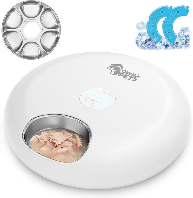 Ownpets Automatic Cat Feeder for Wet Food, with Stainless Steel Tray and 2 Ice Packs, 6 Meals Rechargeable Cat Food Dispenser for Cats Small Dogs