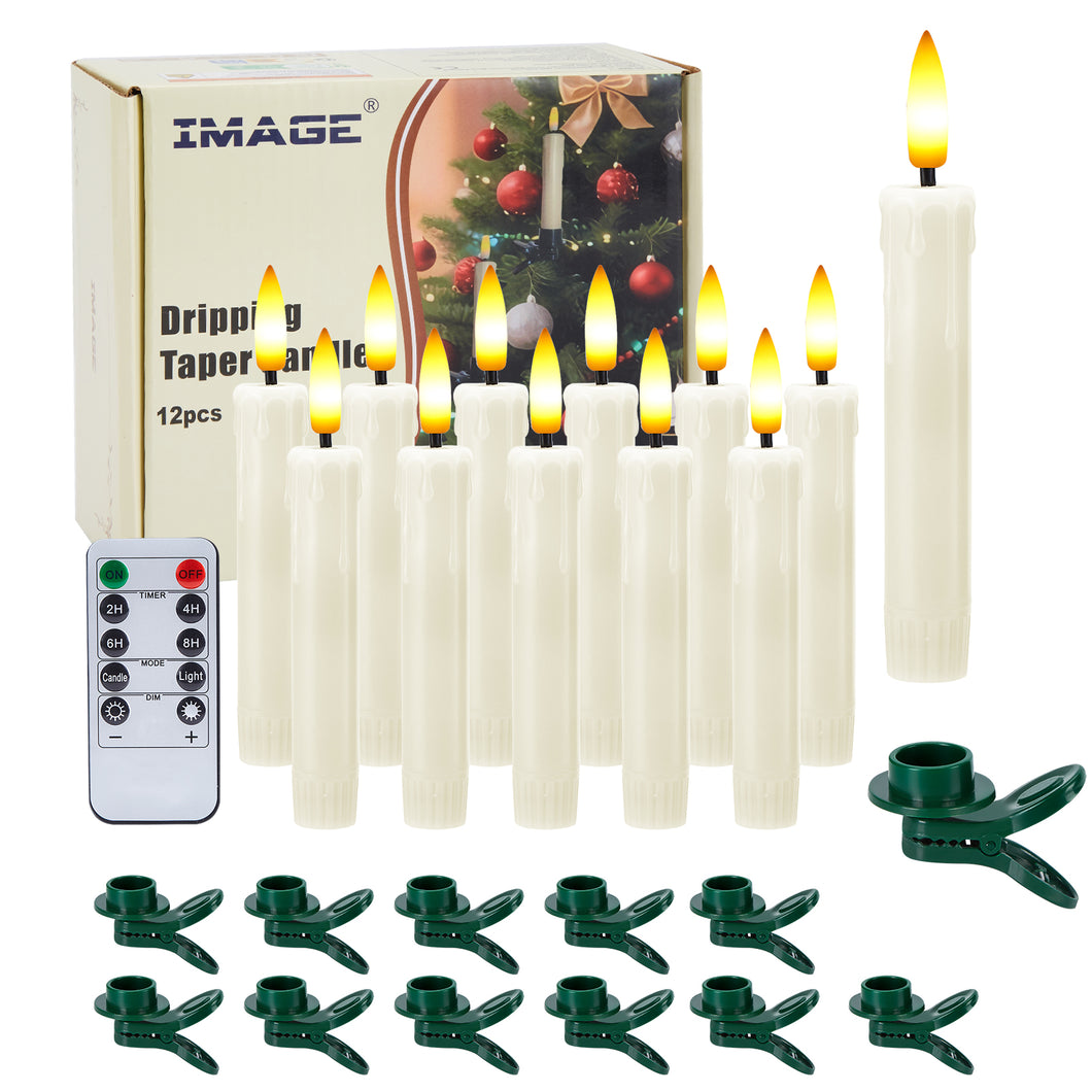 IMAGE 12Pcs LED Taper Candles Light Set, 5.3 inches Dripping Flameless 3D Wick Ivory Candles with Clip-on Christmas Tree Design, 10-Key Remote with Timer, Warm White Light, Battery Operated for Versatile Decoration