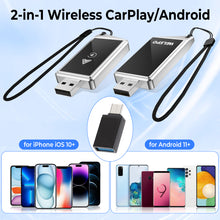 Load image into Gallery viewer, WELSPO Wireless CarPlay Adapter &amp; Android Auto Wireless Adapter, 2-in-1 CarPlay Wireless Adapter for iPhone and Android Phones, Plug &amp; Play Wireless CarPlay Adapter with Lanyard, Compatible with 2018+ Cars with Wired CarPlay/Android Auto
