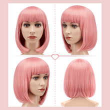 Load image into Gallery viewer, AGPtEK 13&quot; Heat Resistant Straight Short Bob Hair Wigs with Flat Bangs for Women Cosplay Daily Party, Pink
