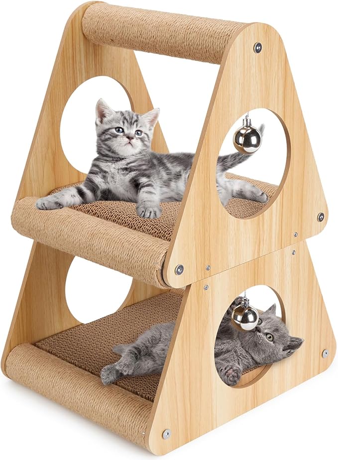 Ownpets Cat Scratcher Cat House, 2 in 1 Cat Scratching Post, Double Layer Triangular Shape Cat Scratching Board with Ball Toys for Indoor