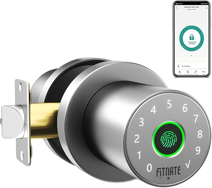 FITNATE Fingerprint Door Knob with Keypad, Keyless Smart Door Knob with App Control, Biometric Door Lock for Bedroom, Apartment, Hotel, Office, Silver