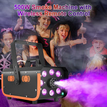 Load image into Gallery viewer, HAKUTA Light Rain and Splash Proof Fog Machine, 500W Smoke Machine with 2300 CFM Output of Fog &amp; 2 Remotes, 8 LED Lights with 4 Light Effects for Outdoor Music Festival Pool Party Wedding DJ Stage
